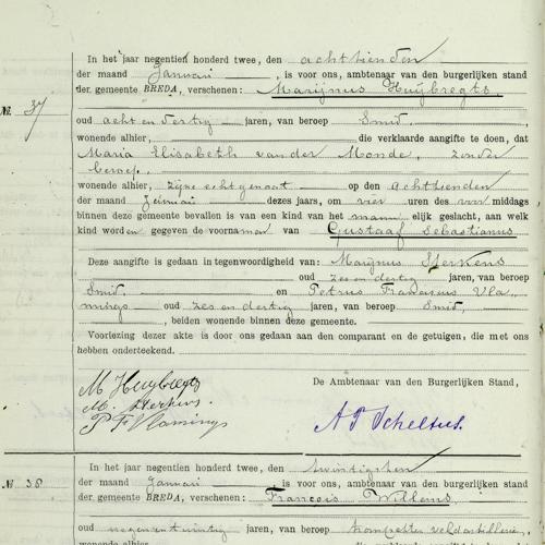 Civil registry of births, Breda, 1902, records 37-38