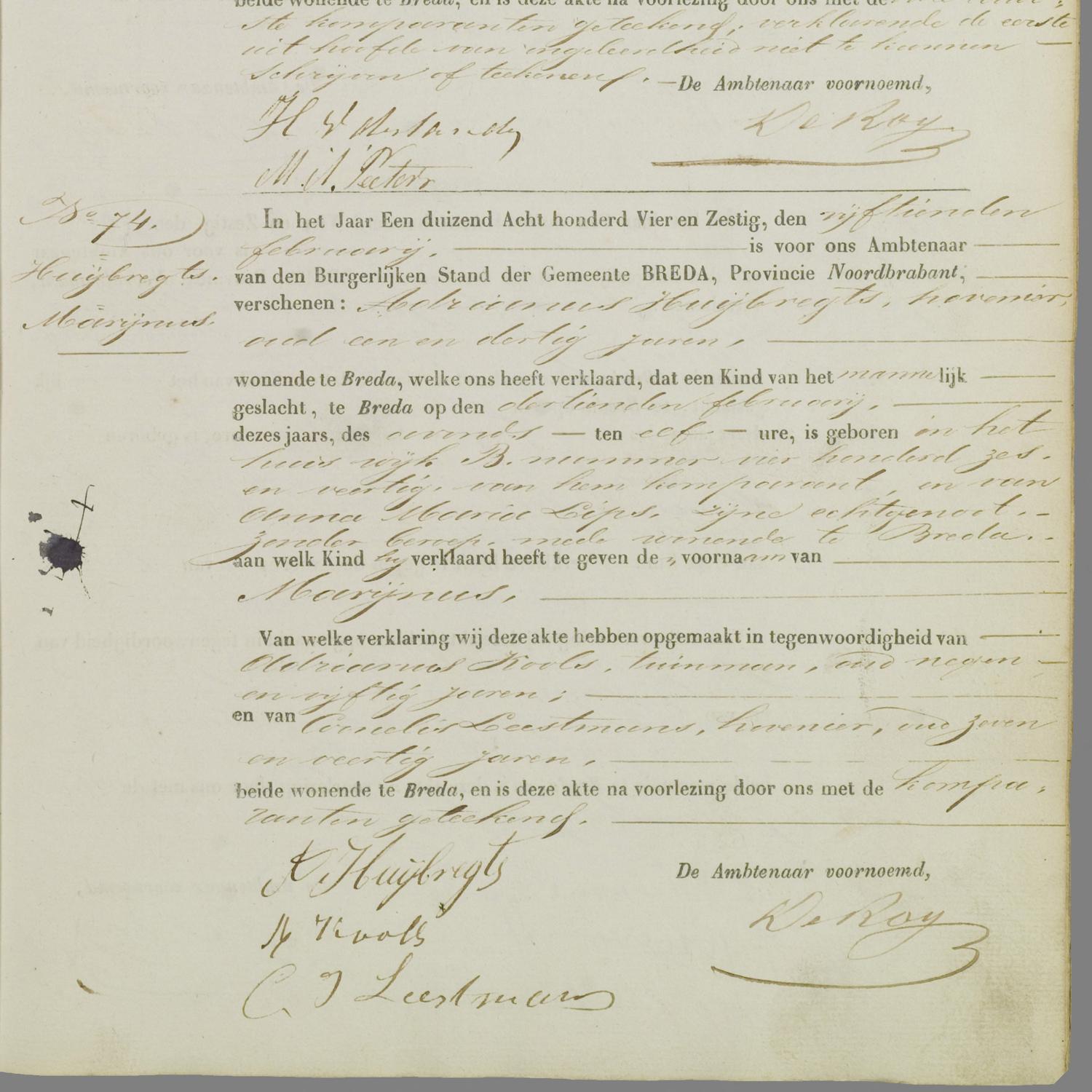 Civil registry of births, Breda, 1864, records 71-74