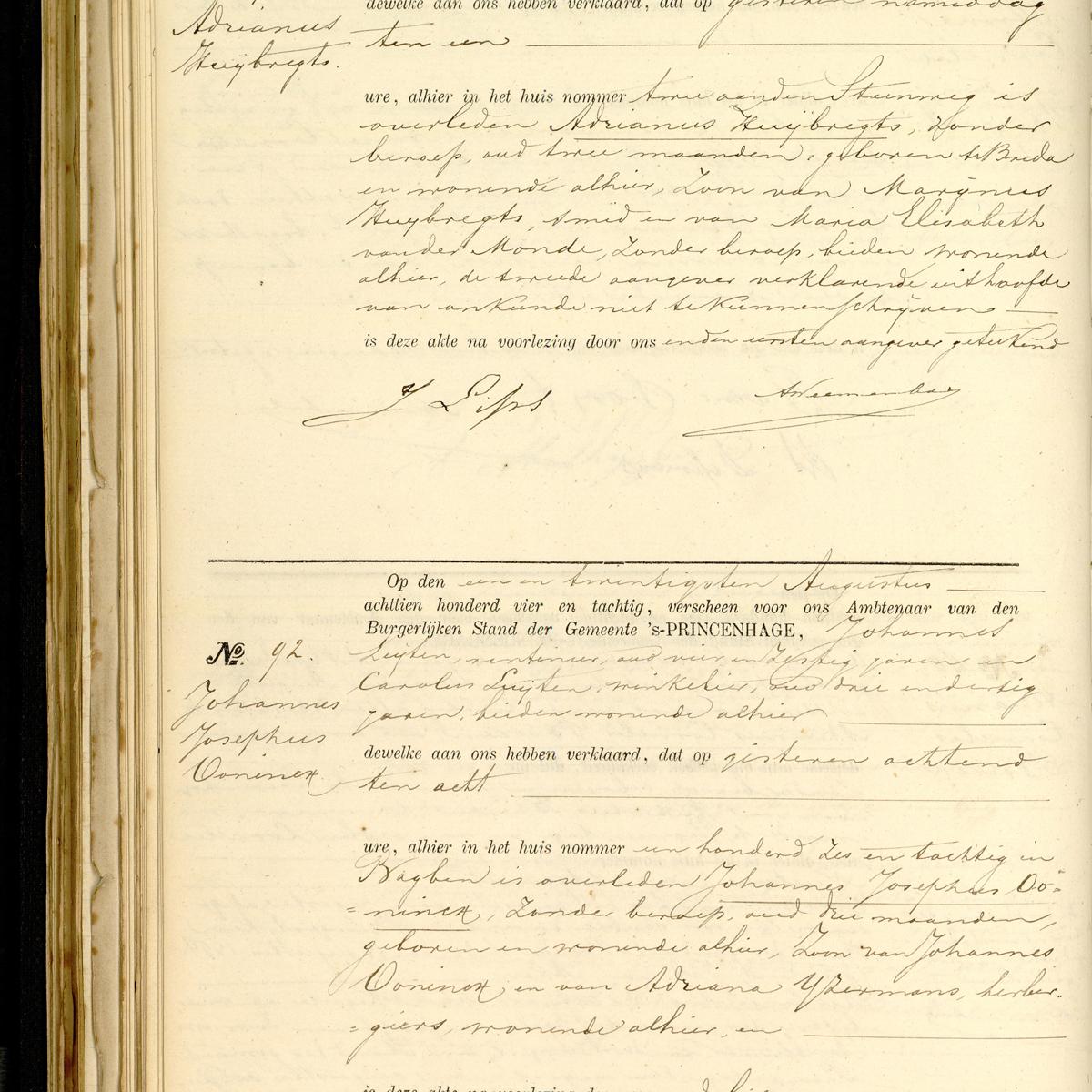 Civil registry of deaths, Princenhage, 1884, records 91-92