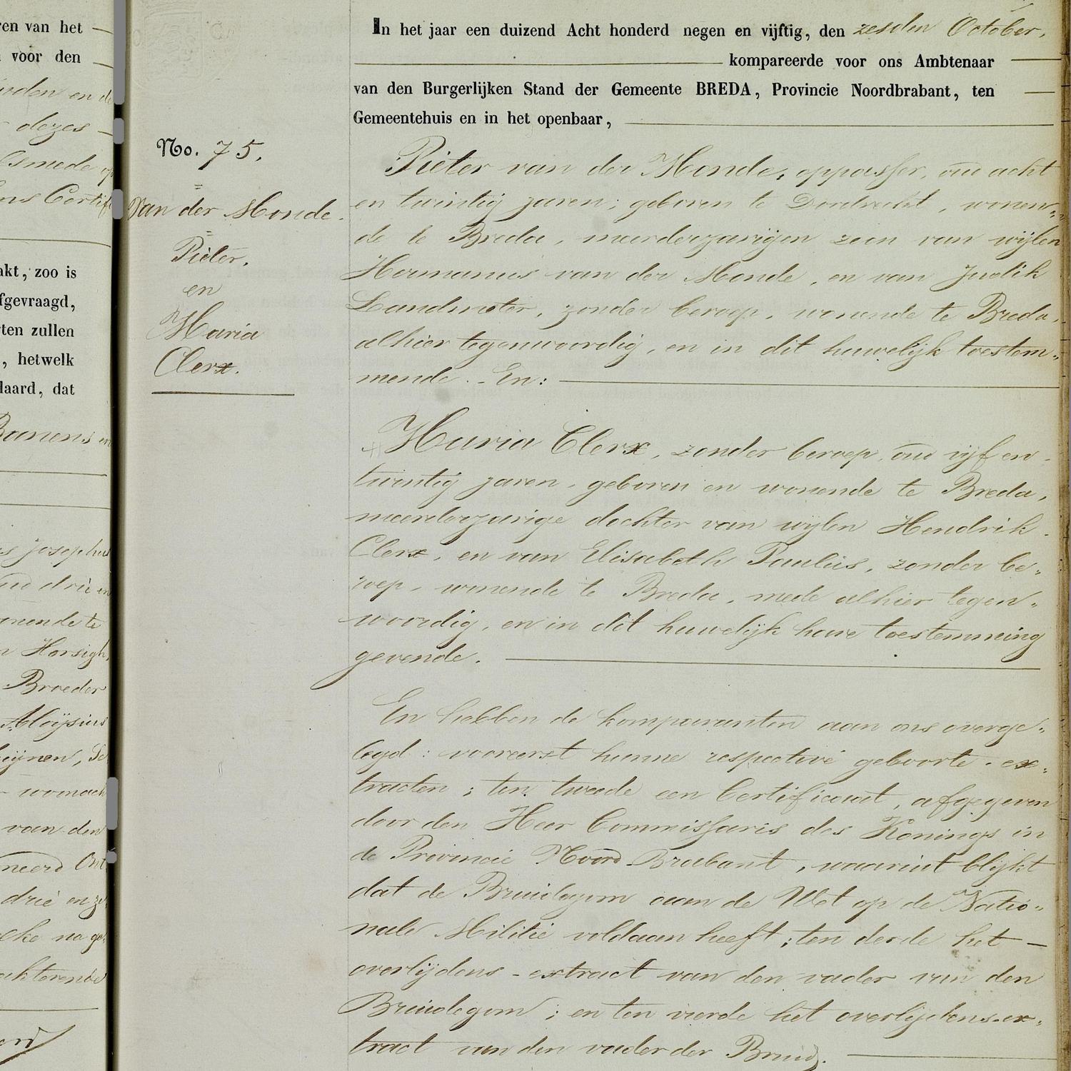 Civil registry of marriages, Breda, 1859, record 75, right page