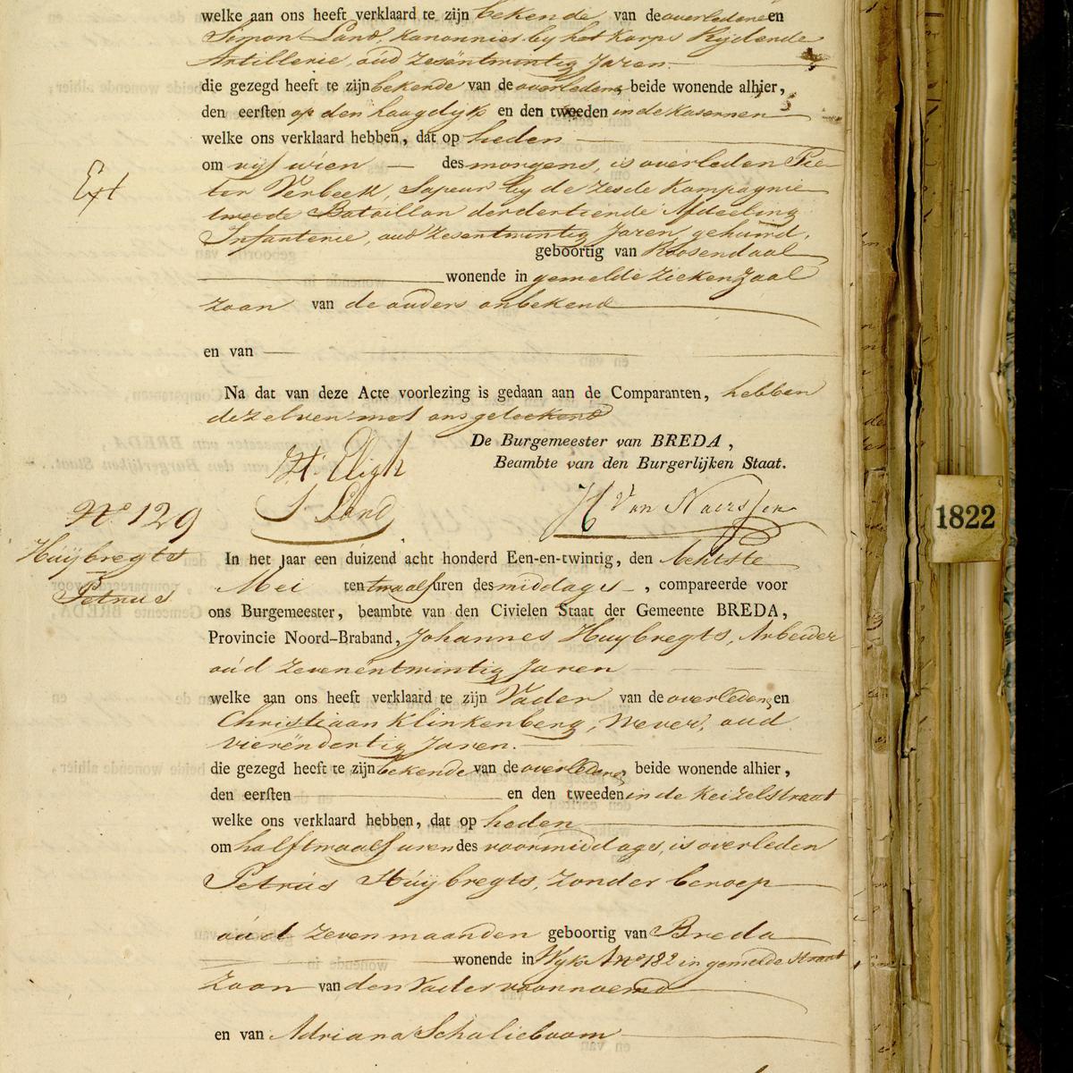 Civil registry of deaths, Breda, 1821, records 128-129