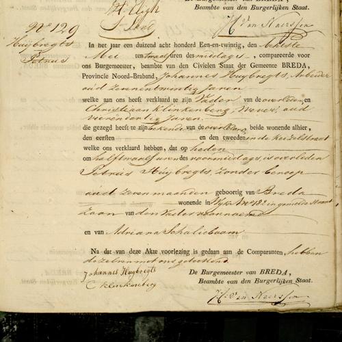 Civil registry of deaths, Breda, 1821, records 128-129