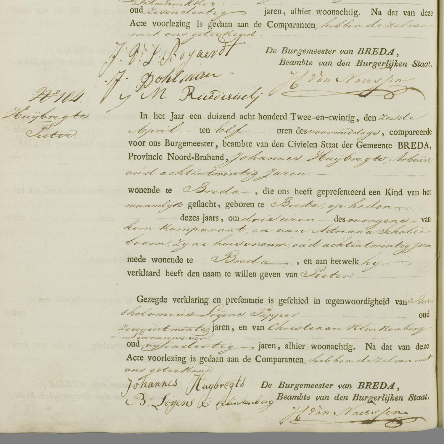 Civil registry of births, Breda, 1822, records 103-106