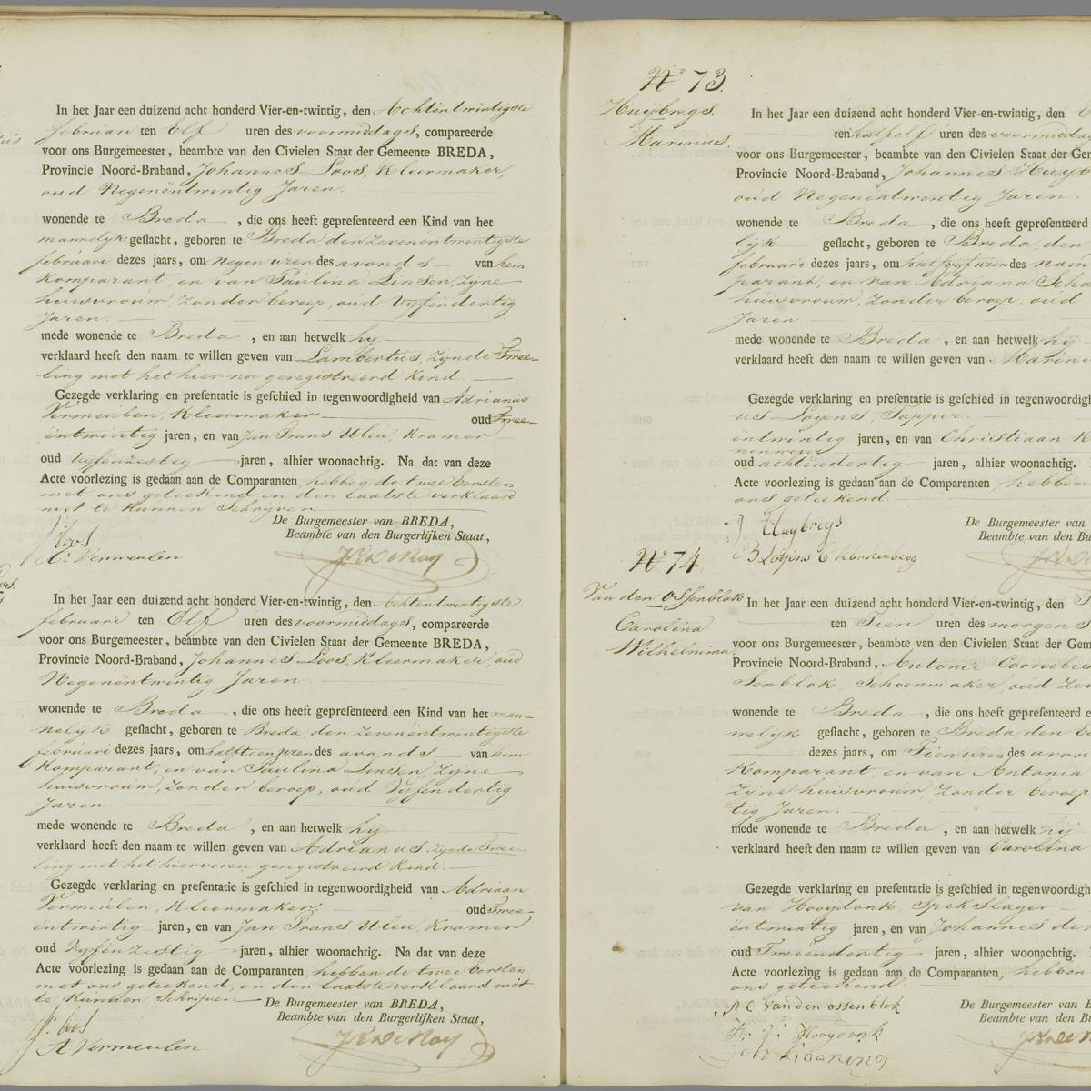 Civil registry of births, Breda, 1824, records 71-74