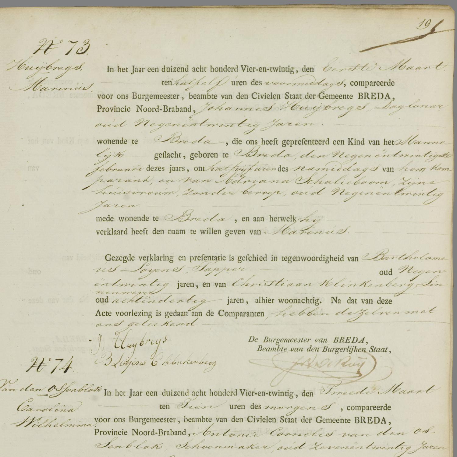 Civil registry of births, Breda, 1824, records 71-74