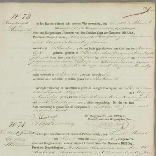 Civil registry of births, Breda, 1824, records 71-74