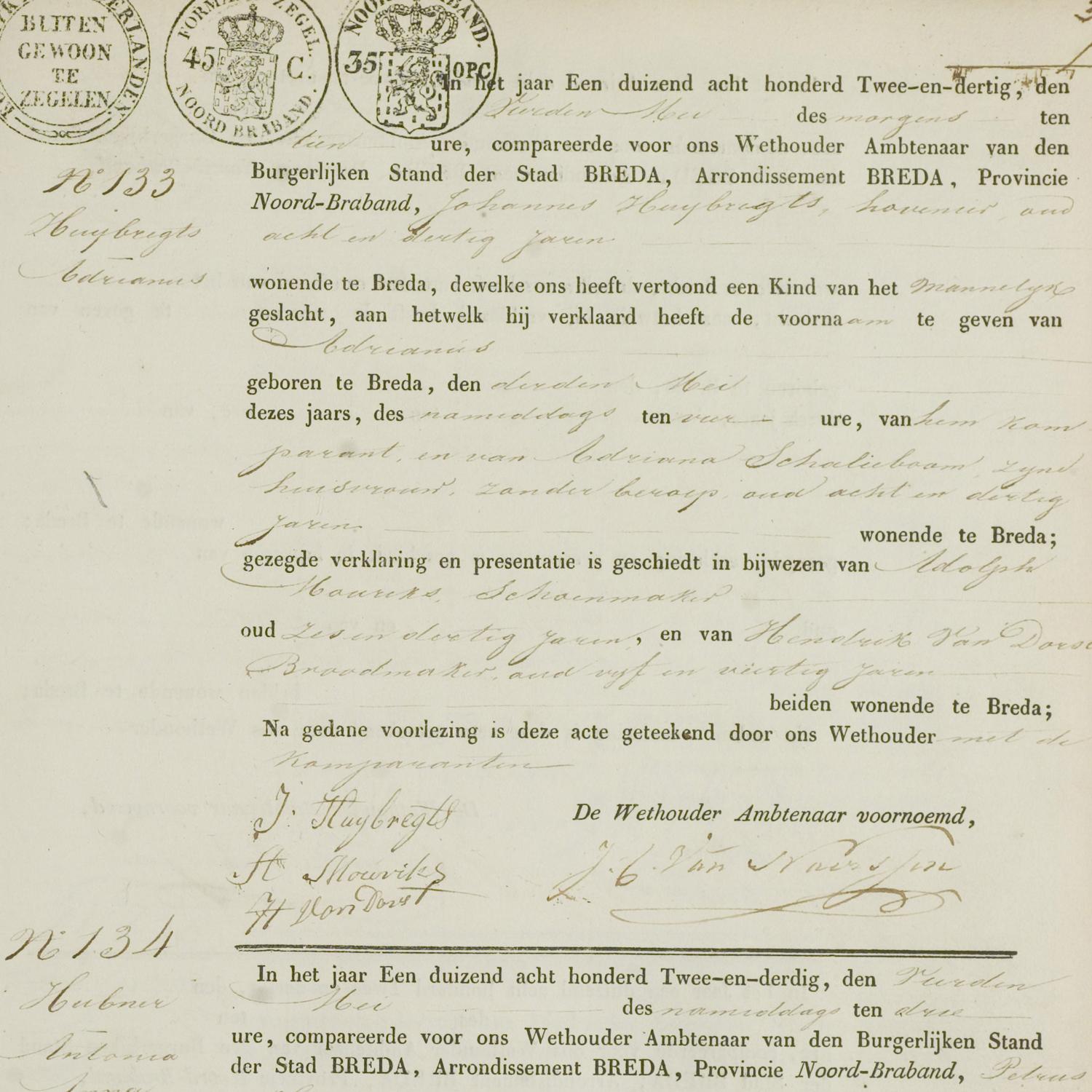 Civil registry of births Breda, 1832, records 131-134