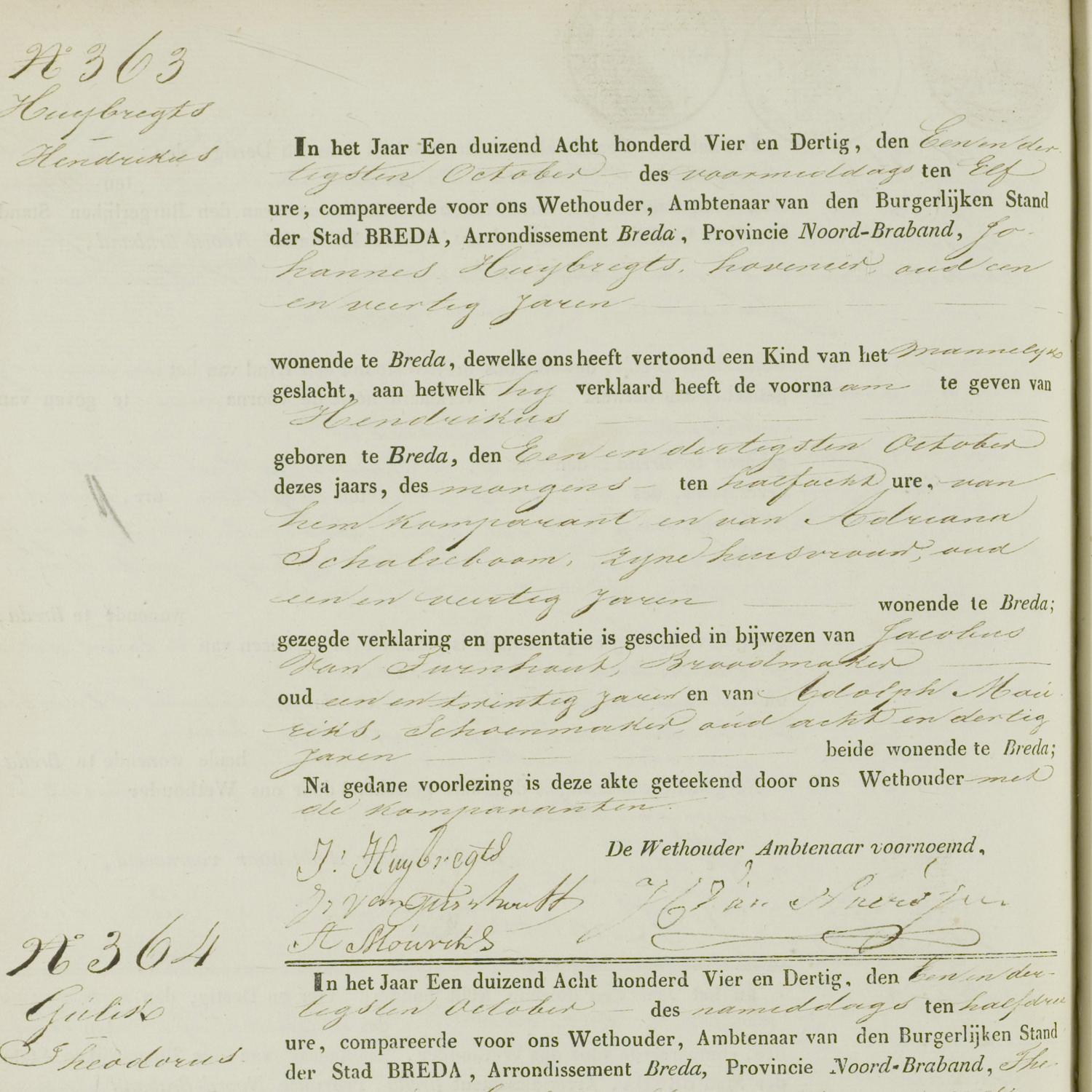 Civil registry of births, Breda, 1834, records 363-366