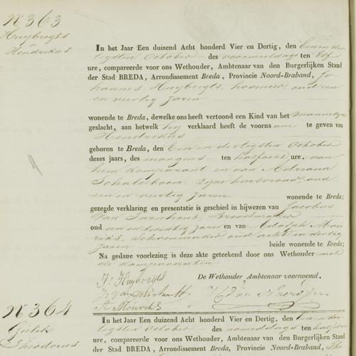 Civil registry of births, Breda, 1834, records 363-366