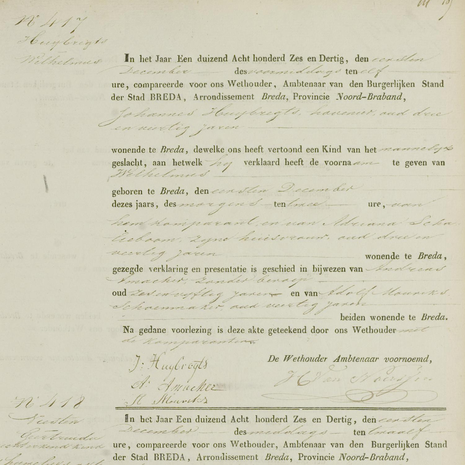 Civil registry of births, Breda, 1836, records 415-418