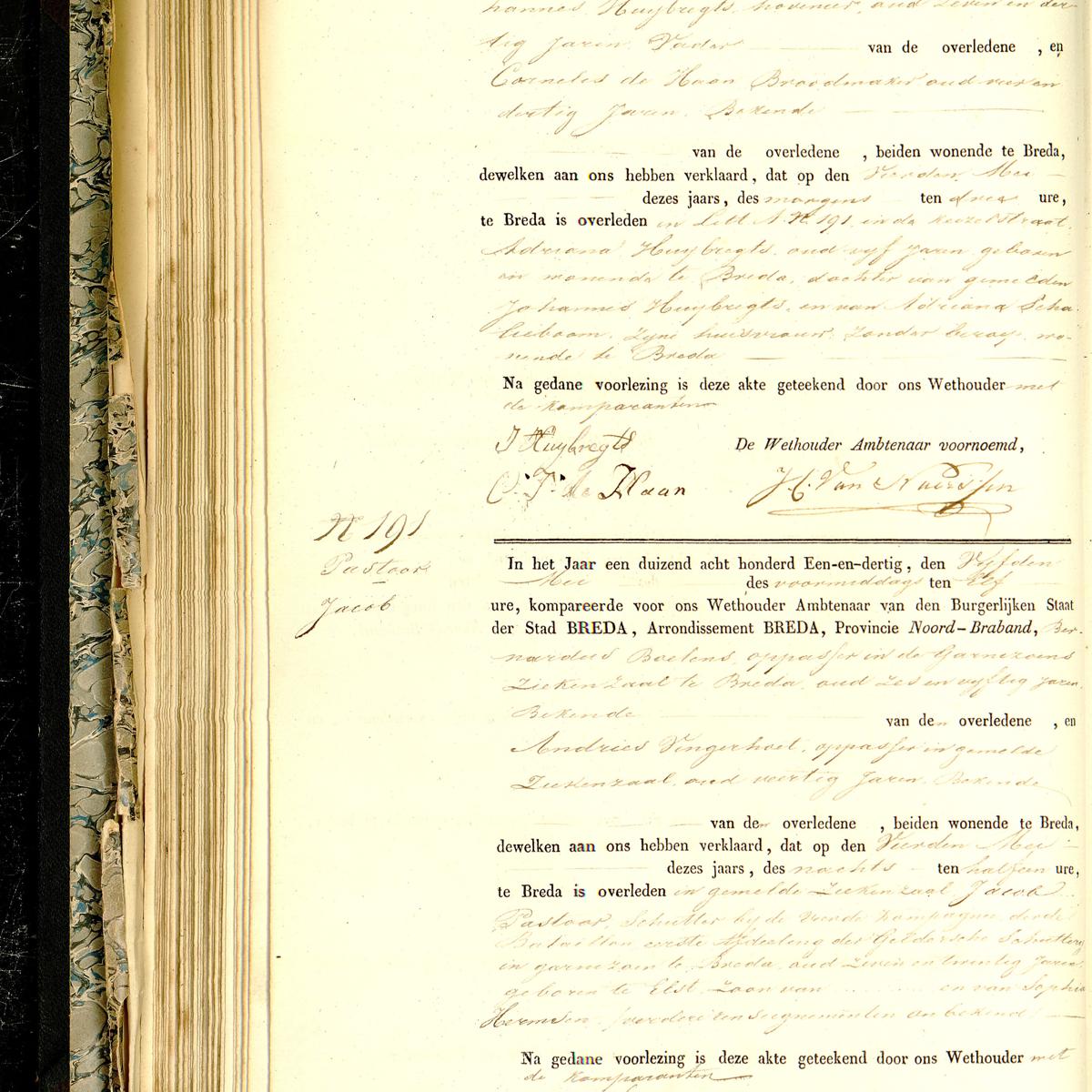Civil registry of deaths, Breda, 1831, records 190-191