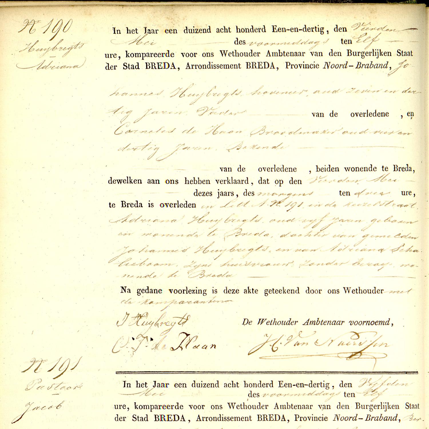 Civil registry of deaths, Breda, 1831, records 190-191