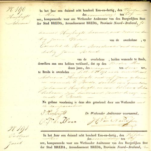 Civil registry of deaths, Breda, 1831, records 190-191