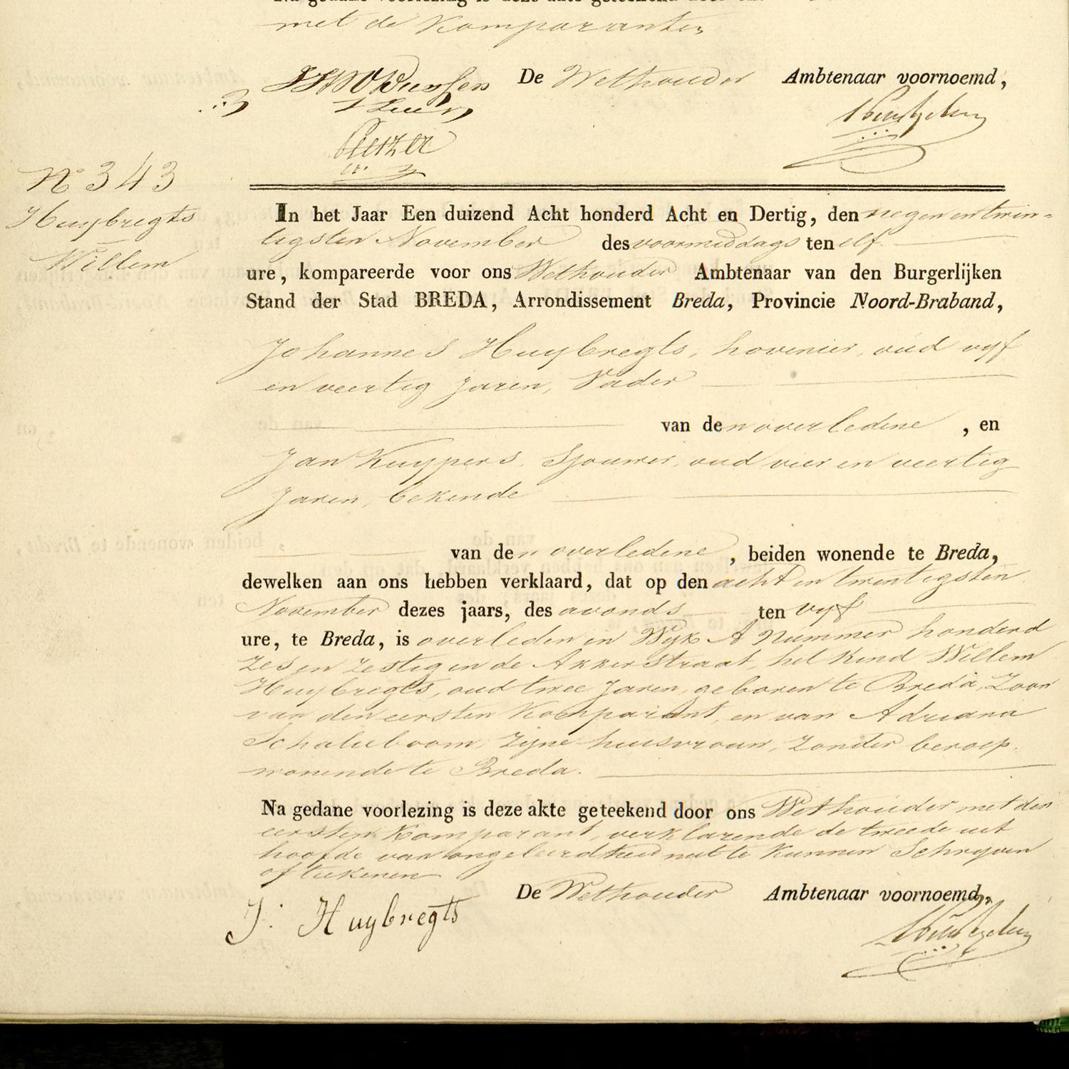 Civil registry of deaths, Breda, 1838, records 342-343