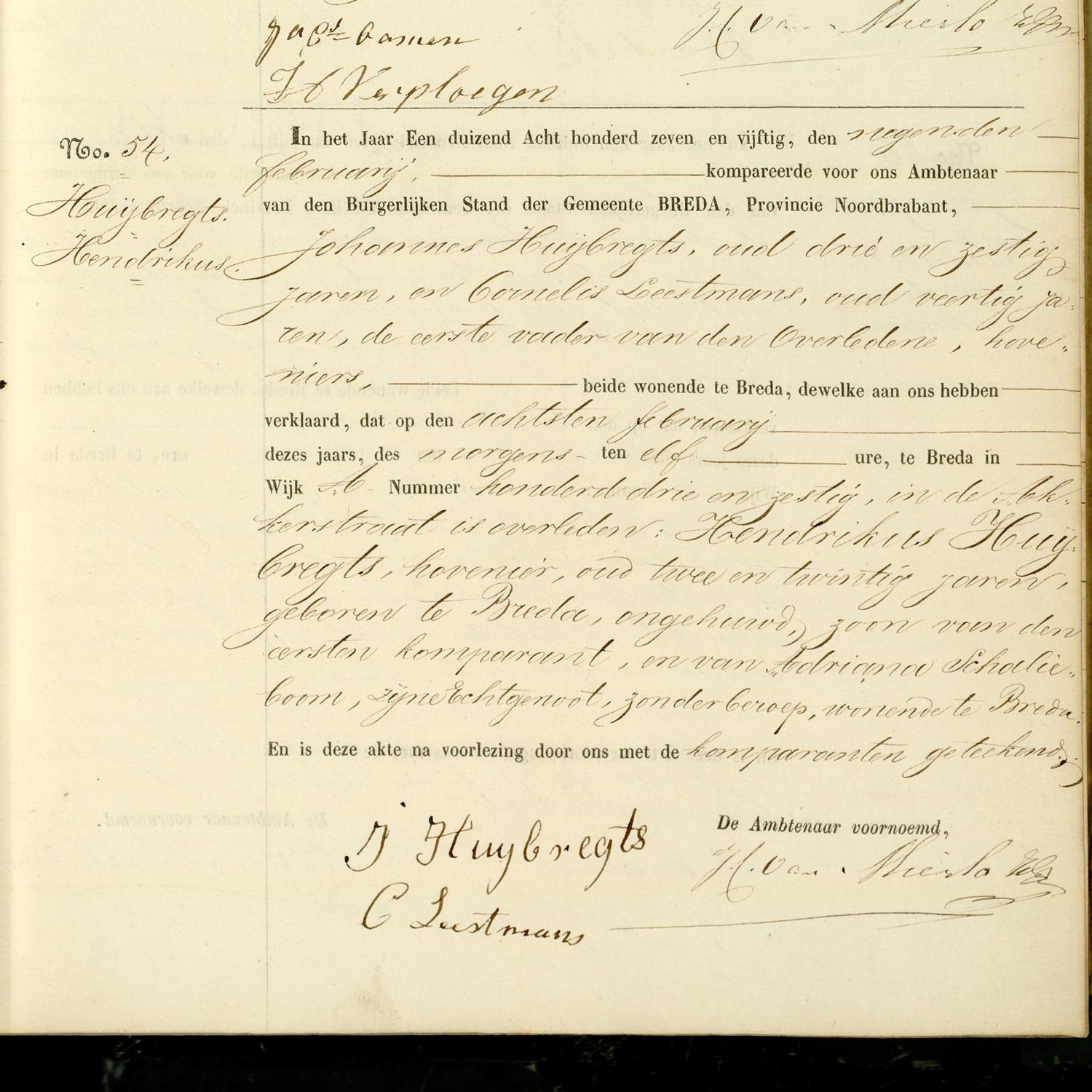 Civil registry of deaths, Breda, 1857, records 53-54