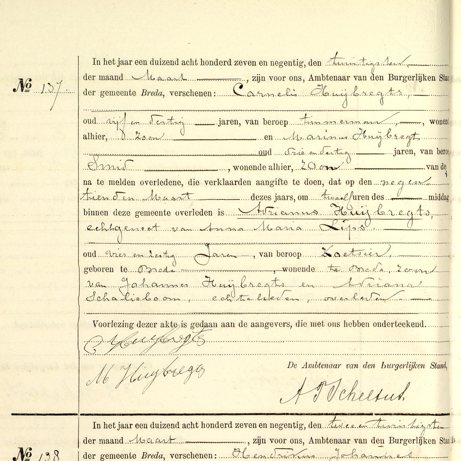 Civil registry of deaths, Breda, 1897, records 137-138