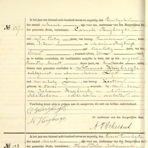 Civil registry of deaths, Breda, 1897, records 137-138