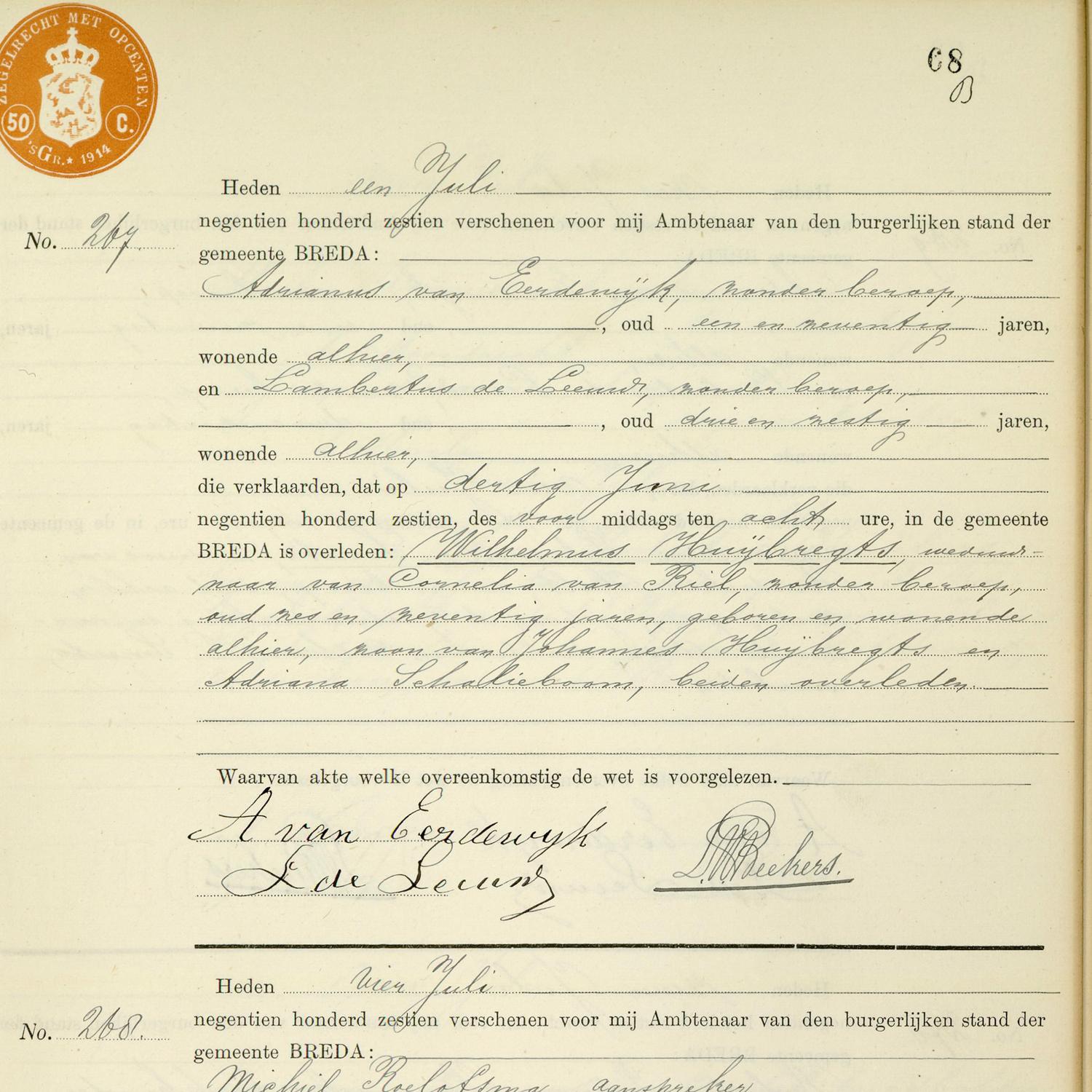 Civil registry of deaths, Breda, 1916, records 267-268