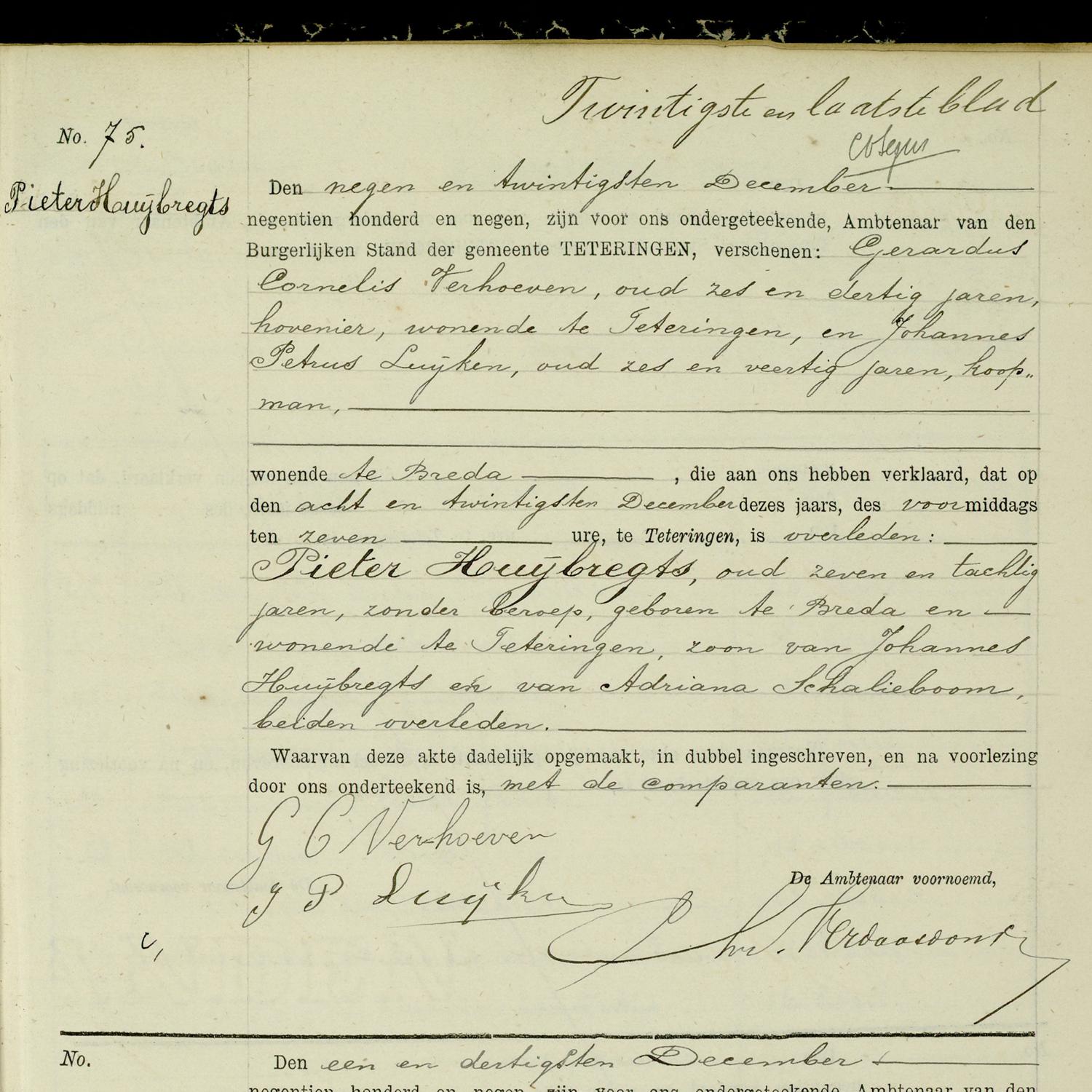 Civil registry of deaths, Teteringen, 1909, record 75