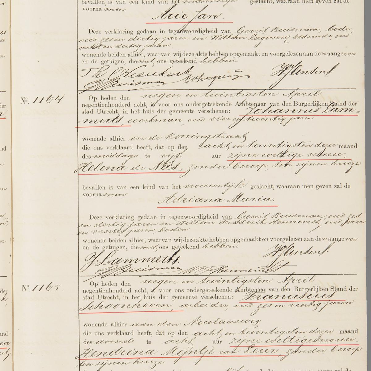 Civil registry of marriages, Utrecht, 1908, records 1163-1165