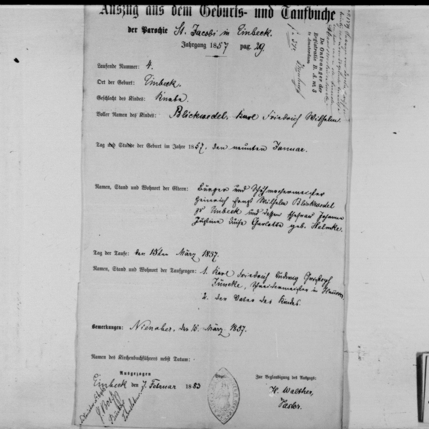 Extract of the baptism record for Karl Friedrich Wilhelm Blickwedel, Der Parochie St. Jacobi,  Einbeck, 1883-02-07