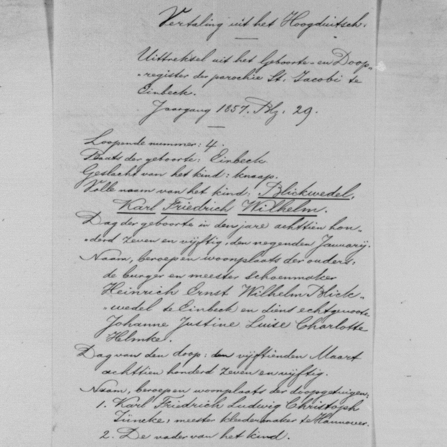 Dutch translation of the extract of the baptism record for Karl Friedrich Wilhelm Blickwedel, Amsterdam, 1883-03-09, page 1