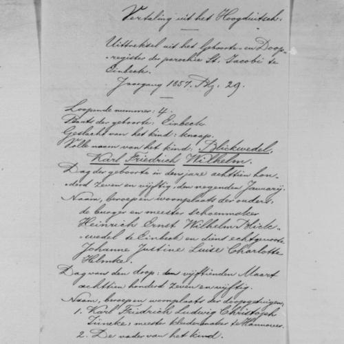 Dutch translation of the extract of the baptism record for Karl Friedrich Wilhelm Blickwedel, Amsterdam, 1883-03-09, page 1