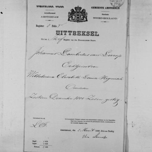 Extract of the death record for Johannes Lambertus van Lierop, civil registry of deaths, Amsterdam, 1883-03-02