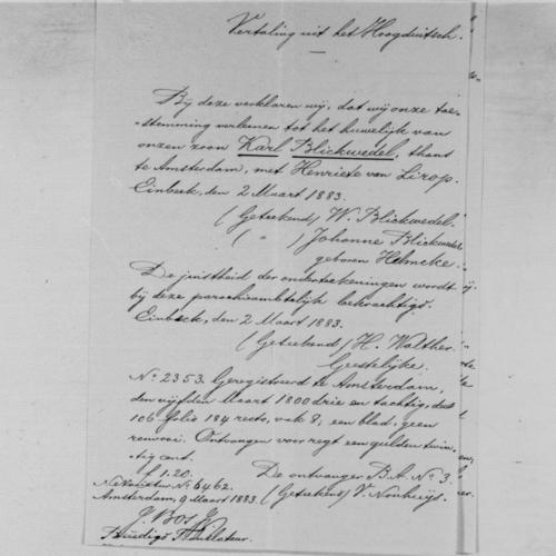 Dutch translation of the declaration of approval from Karl Blickwedel's parents regarding his upcoming marriage to Henriete van Lirob