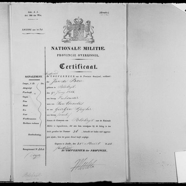 Certificate about service in the national militia for Jan de Boer, 1845-03-31