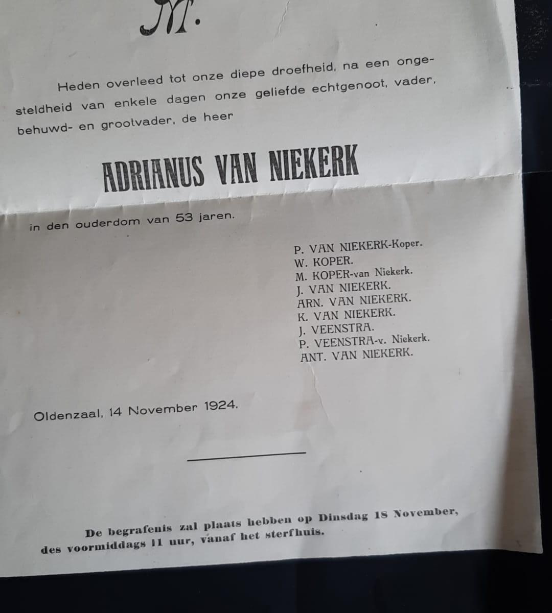 Rouwkaart for Adrianus van Niekerk, November 1924 (inside)