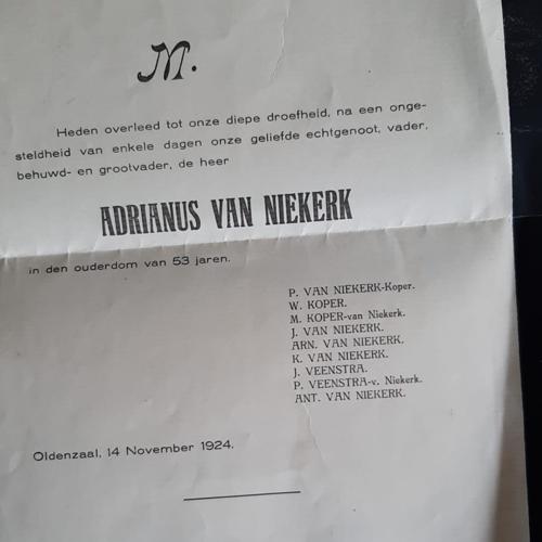 Rouwkaart for Adrianus van Niekerk, November 1924 (inside)