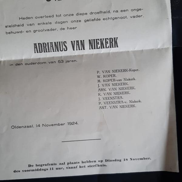 Rouwkaart for Adrianus van Niekerk, November 1924 (inside)