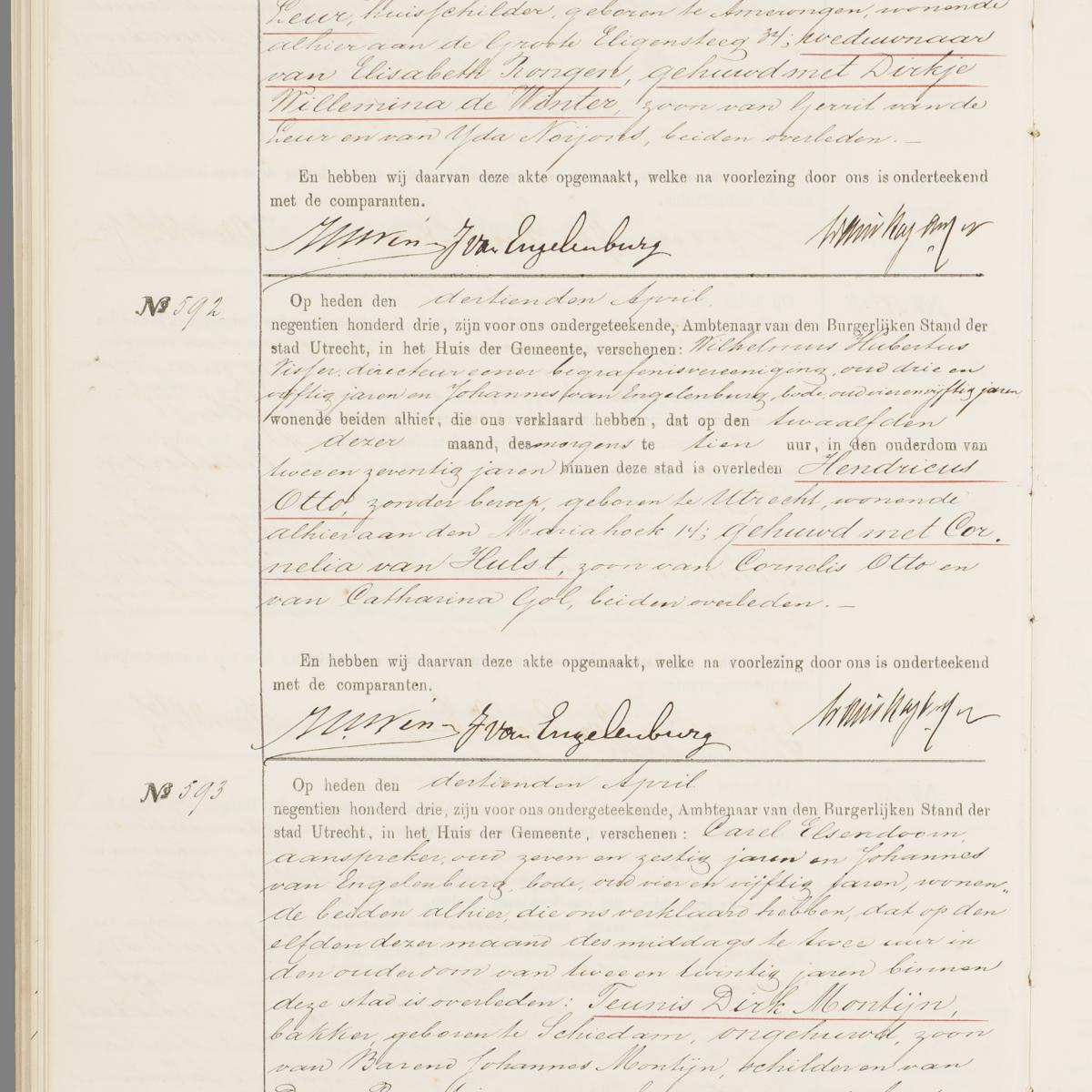 Civil registry of deaths, Utrecht, 1903, records 591-593