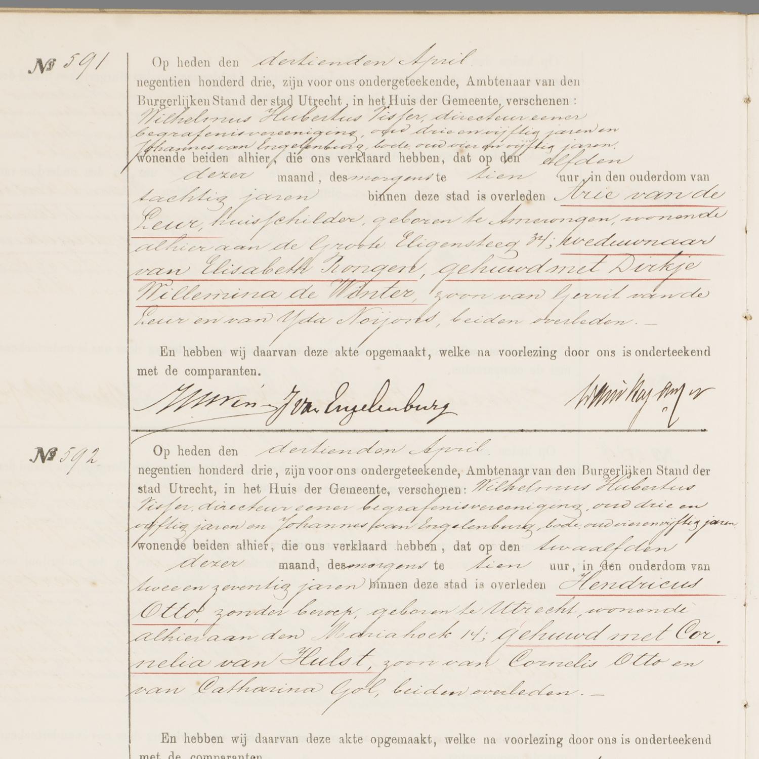 Civil registry of deaths, Utrecht, 1903, records 591-593