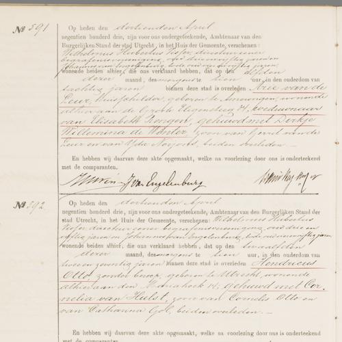 Civil registry of deaths, Utrecht, 1903, records 591-593