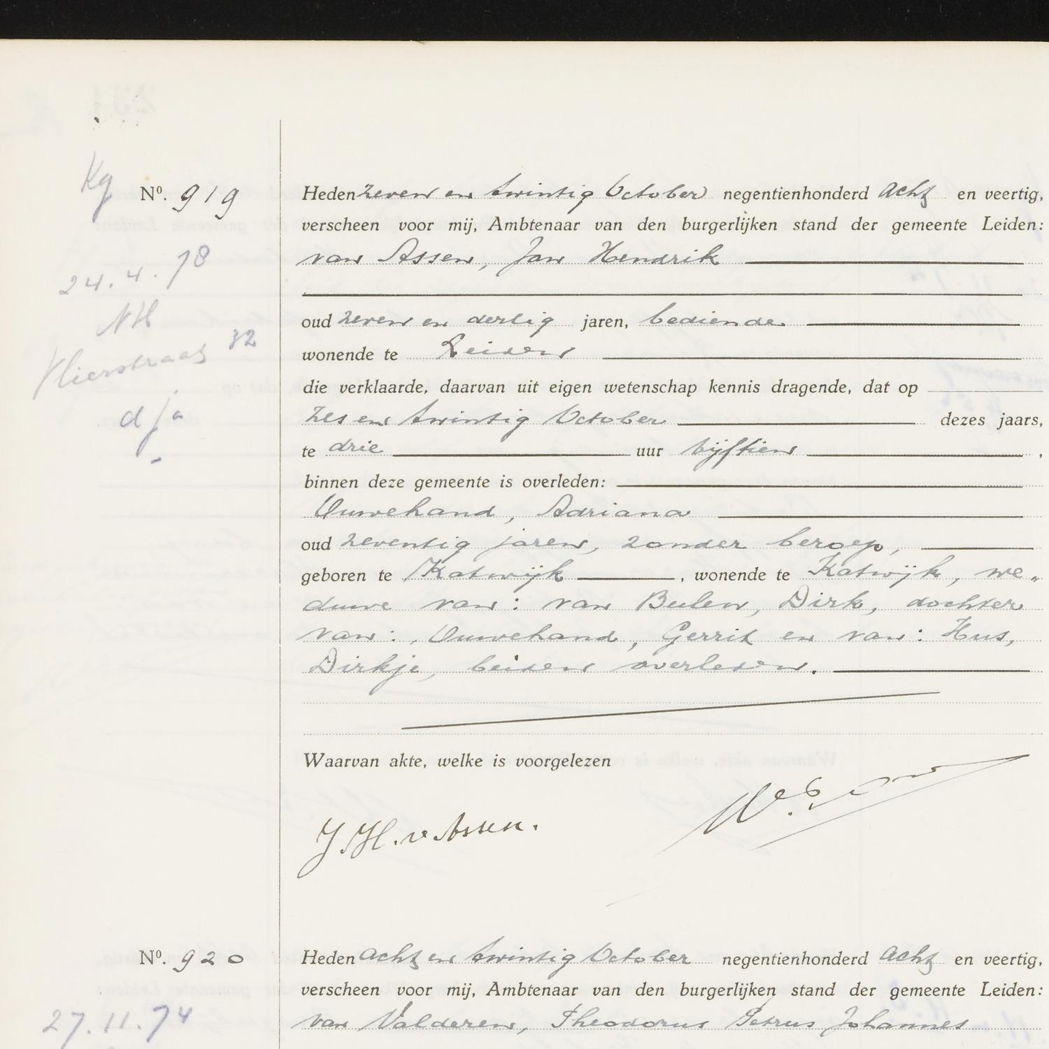 Civil registry of deaths, Leiden, 1948, records 919-922