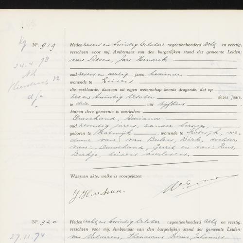 Civil registry of deaths, Leiden, 1948, records 919-922