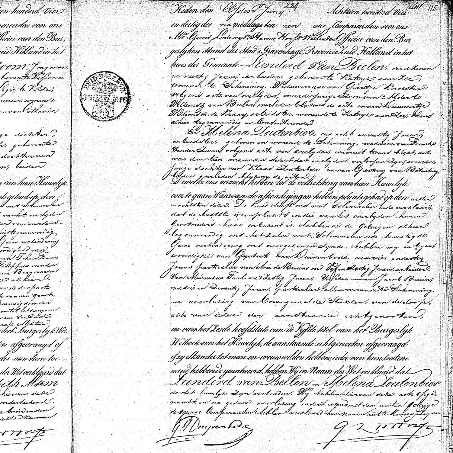 Civil registry of marriages, Den Haag, 1834, records 223-224