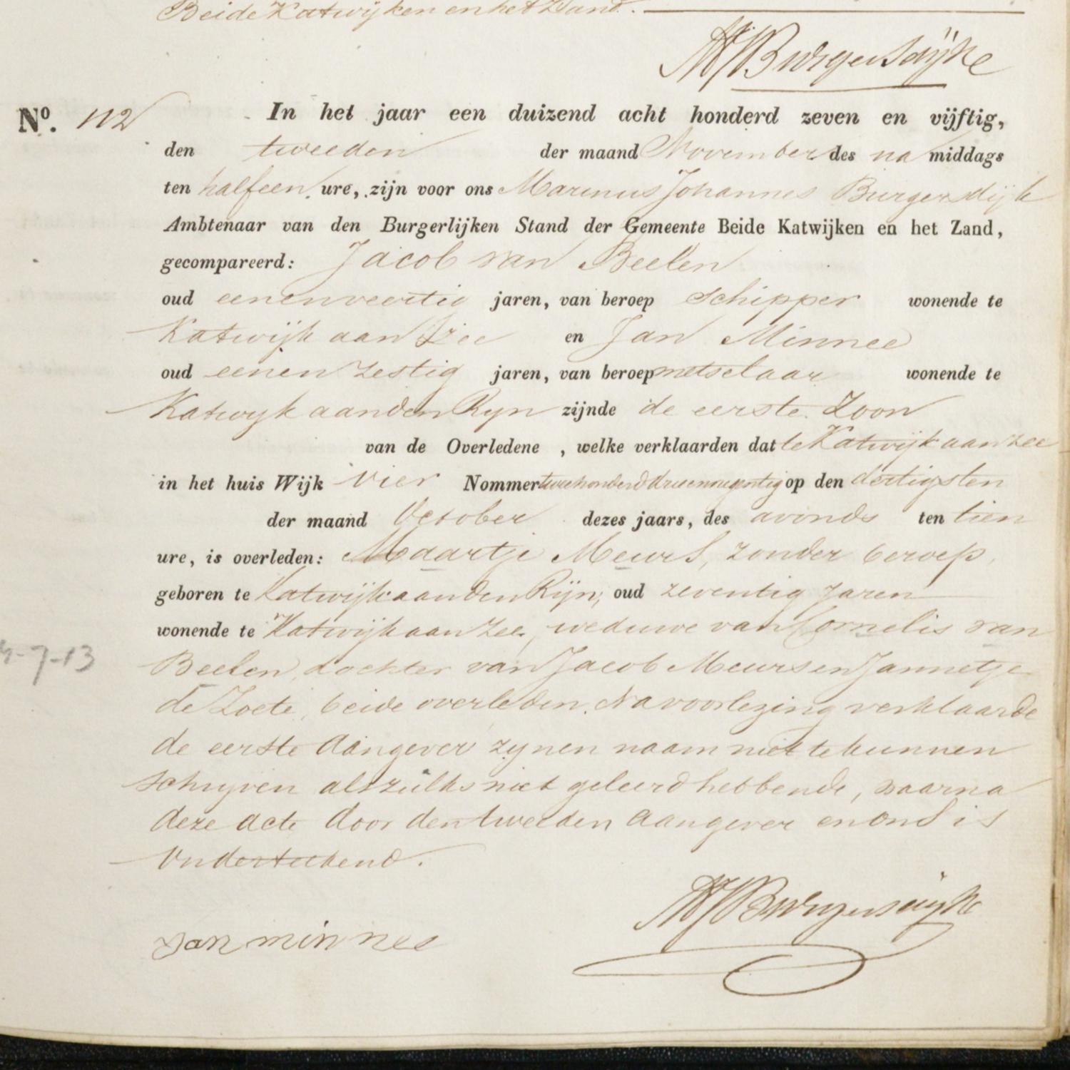 Civil registry of deaths, Katwijk, 1857, records 111-112