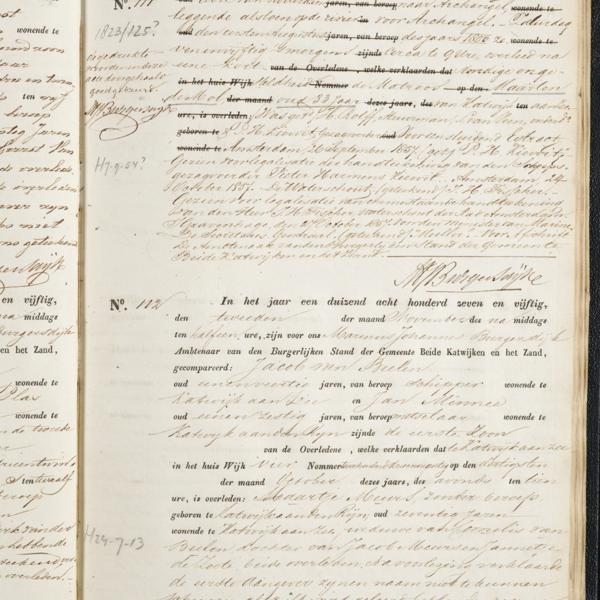 Civil registry of deaths, Katwijk, 1857, records 111-112
